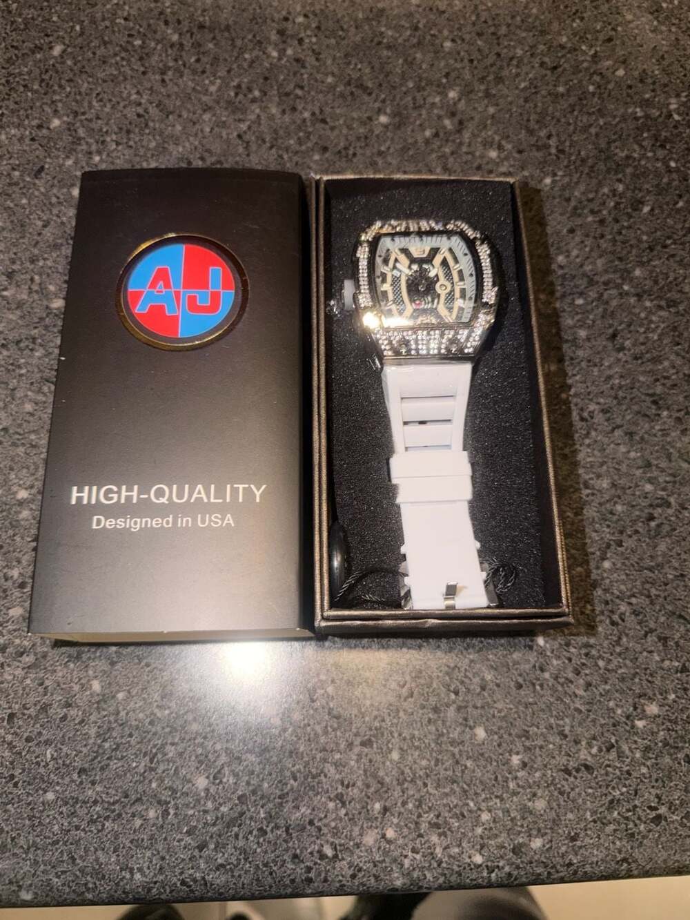 AJ Moissanite Iced Out Tonneau Watch with White Silicone Strap